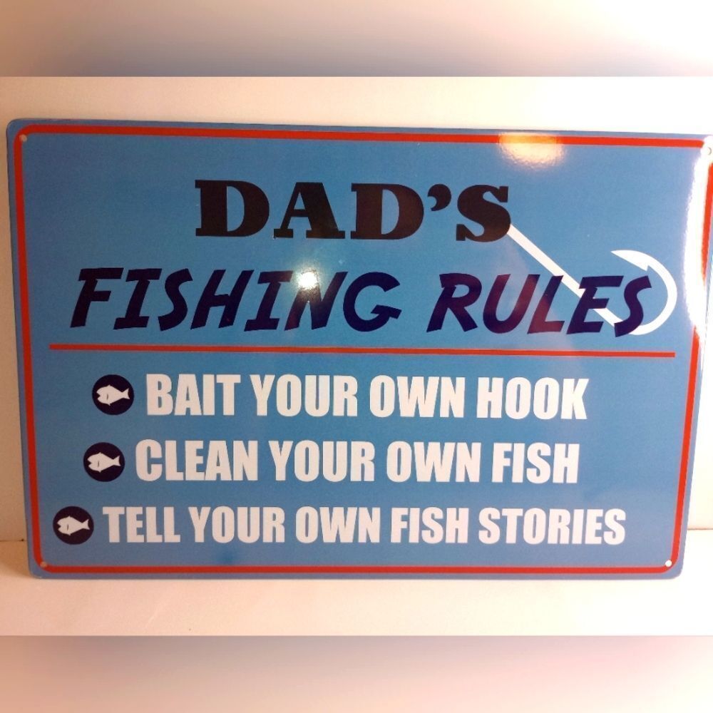 Dad's Fishing Rules Tin Sign Funny Holiday Gift for Fishermen Anglers Man cave